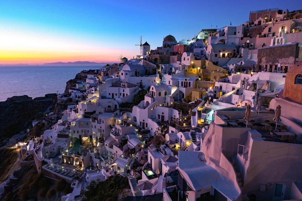 sunset, houses, greece, santorini, nature, thira, island, scenery, ocean, luxury, holiday, vacation